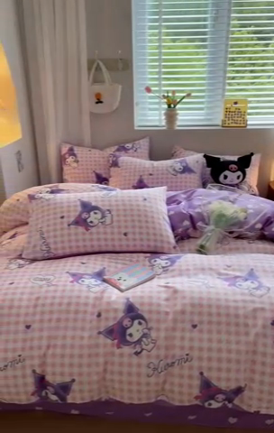 91家纺网 家纺一手货源 找家纺 博雅 2024新款全棉三丽鸥AB版活性印花四件套 库洛米之心