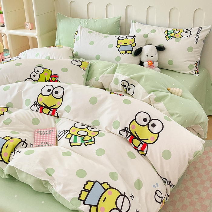 91家纺网 家纺一手货源 找家纺 博雅 2024新款全棉三丽鸥AB版活性印花四件套 波点大眼蛙