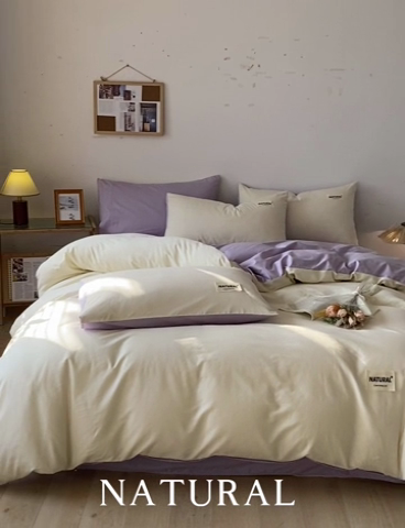 91家纺网 家纺一手货源 找家纺 芊寻家居 2024新款13372全棉纯色四件套无印良品风简约套件 奶白-灰紫