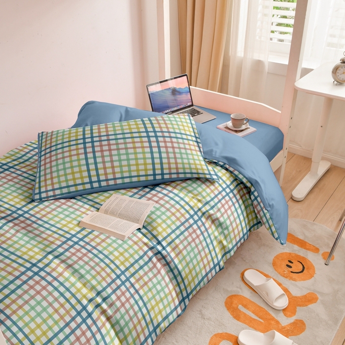 91家纺网 家纺一手货源 找家纺 啊雅家居 床上用品水洗棉印花五件套七件套 日系小格绿