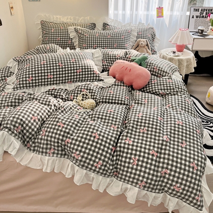 91家纺网 家纺一手货源 找家纺 （总）暮思家居 2024新款A类全棉水洗棉蝴蝶结少女系列花边款纯棉四件套