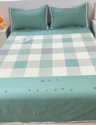 91家纺网 家纺一手货源 找家纺 梵克保罗 2024新款鱼骨棉老粗布凉席花边款床单三件套 宜家-绿