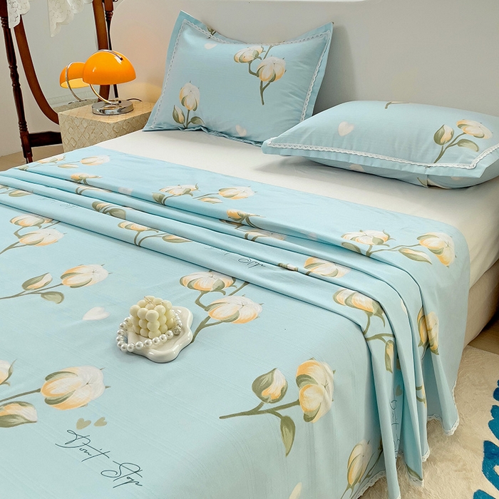 91家纺网 家纺一手货源 找家纺 梵克保罗 2024新款鱼骨棉老粗布凉席花边款床单三件套 泡泡棉