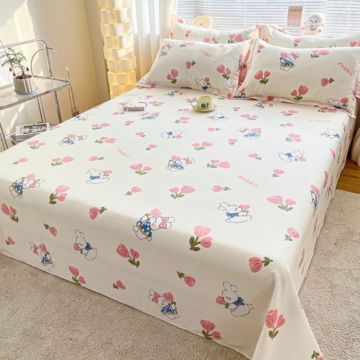 91家纺网 家纺一手货源 找家纺 涵宸家纺 2024新款全棉小清新印花单品套件--单床单 床单-花丛兔