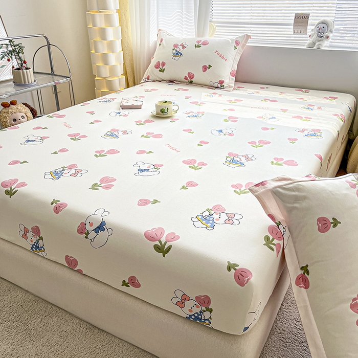 91家纺网 家纺一手货源 找家纺 涵宸家纺 2024新款全棉小清新印花单品套件--单床笠 床笠-花丛兔