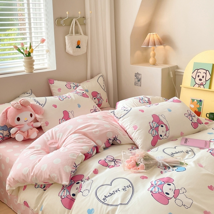 91家纺网 家纺一手货源 找家纺 博雅 2024新款全棉三丽鸥AB版活性印花四件套 樱桃美乐蒂