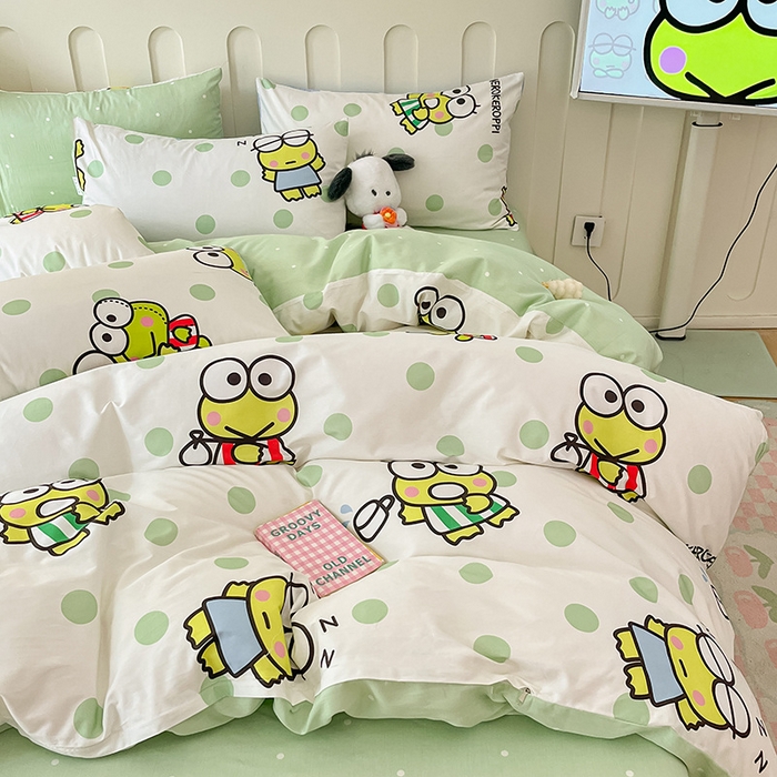 91家纺网 家纺一手货源 找家纺 博雅 2024新款全棉三丽鸥AB版活性印花四件套 波点大眼蛙