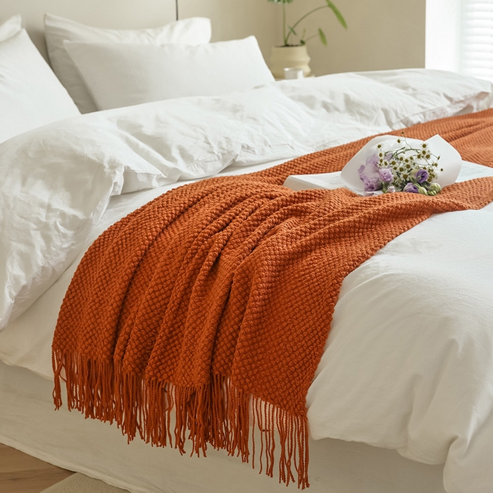 91家纺网 家纺一手货源 找家纺 朴尔家纺-毛巾被 2024年新款波波风流苏柔糯毯床尾毯沙发巾 波波流苏柔糯毯-焦糖