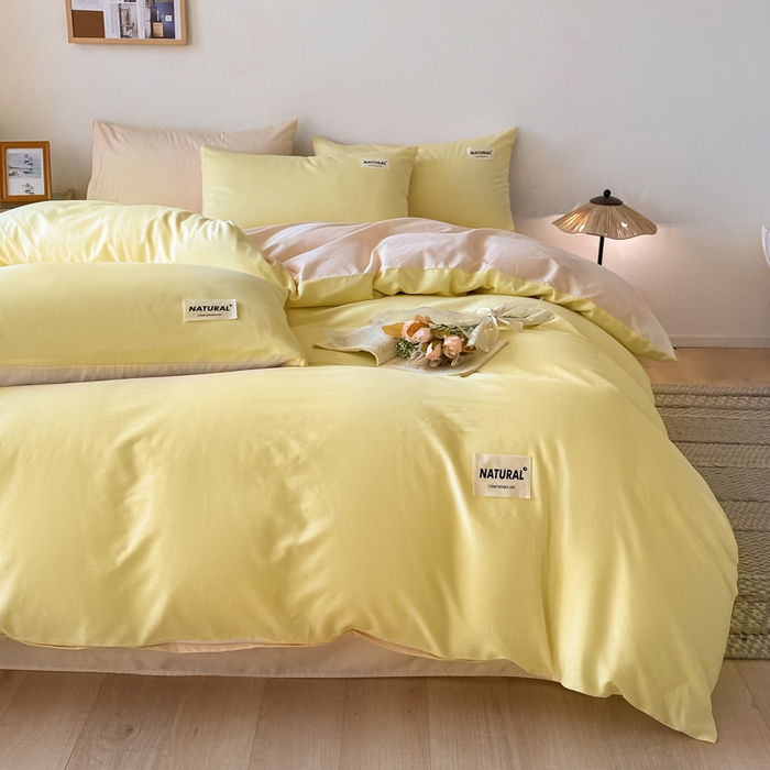 91家纺网 家纺一手货源 找家纺 芊寻家居 2024新款13372全棉纯色四件套无印良品风简约套件 初黄-奶茶