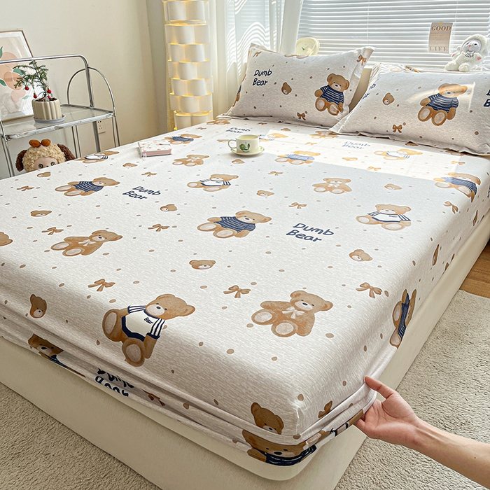 91家纺网 家纺一手货源 找家纺 涵宸家纺 2024新款全棉小清新印花单品套件--单床笠 床笠-布偶熊