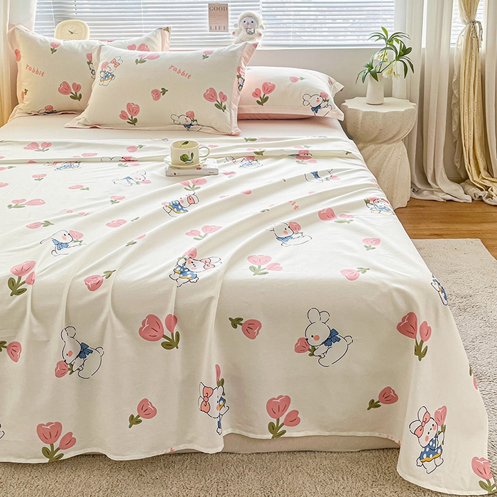 91家纺网 家纺一手货源 找家纺 涵宸家纺 2024新款全棉小清新印花单品套件--单床单 床单-花丛兔
