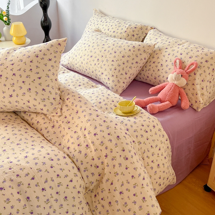 91家纺网 家纺一手货源 找家纺 千朵 2024新款全棉双层纱四件套 甜心紫