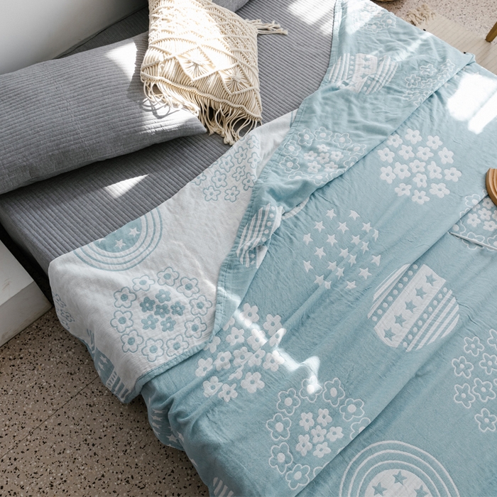 91家纺网 家纺一手货源 找家纺 朴尔家纺-毛巾被 2024新款加厚三层水洗棉全棉纱布毛巾被 星星点点-兰