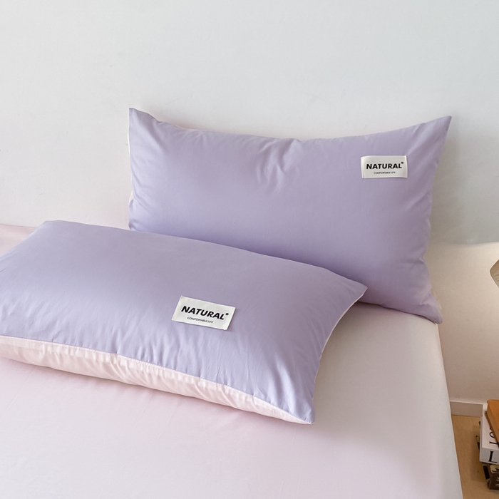 91家纺网 家纺一手货源 找家纺 芊寻家居 2024新款13372全棉纯色四件套无印良品风简约套件 浅紫-奶油粉