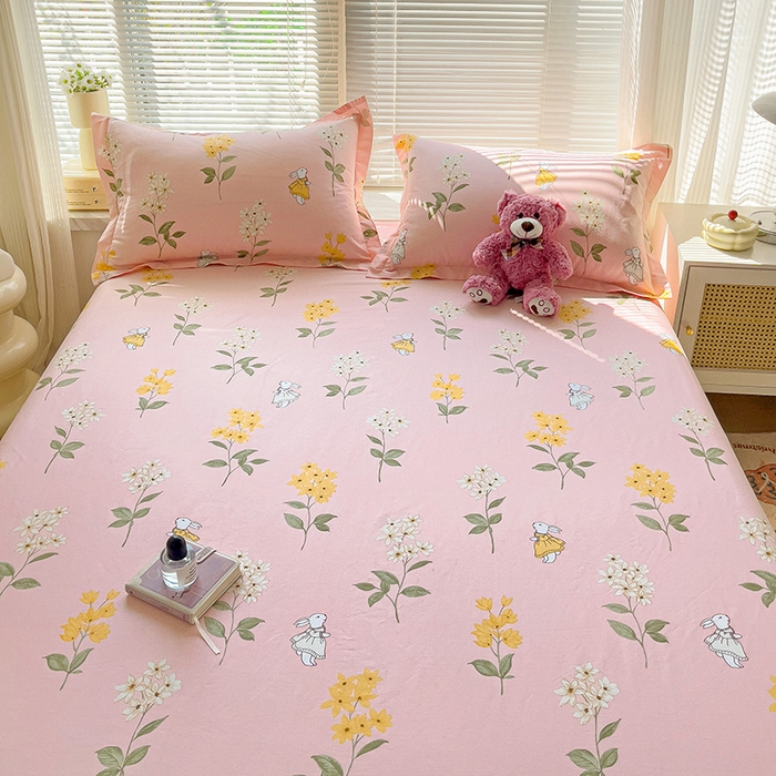 91家纺网 家纺一手货源 找家纺 大柏树 2025新款全棉13376印花四件套系列（可定制）-单床笠 小花兔-粉