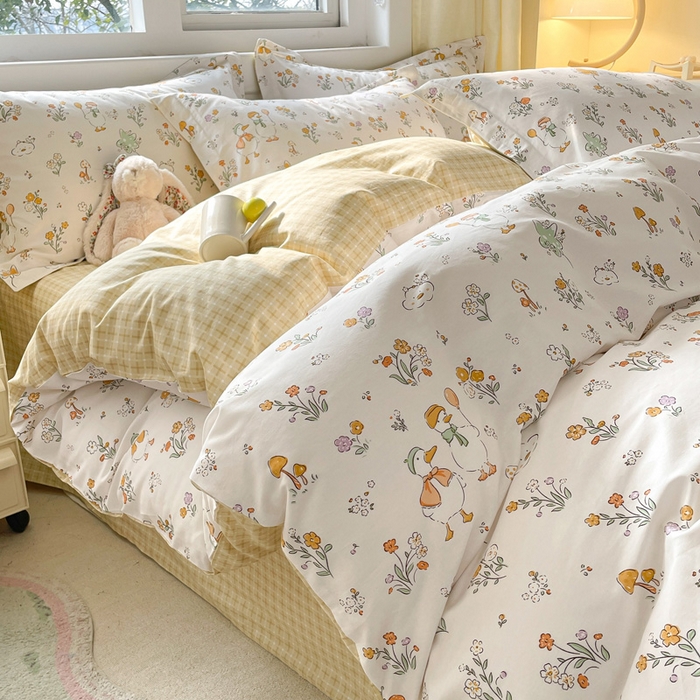 91家纺网 家纺一手货源 找家纺 涵宸家纺 2024新款全棉小清新印花单品套件--单被套 开心鸭