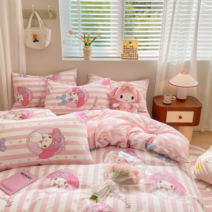 91家纺网 家纺一手货源 找家纺 博雅 2024新款全棉三丽鸥AB版活性印花四件套 甜甜美乐蒂