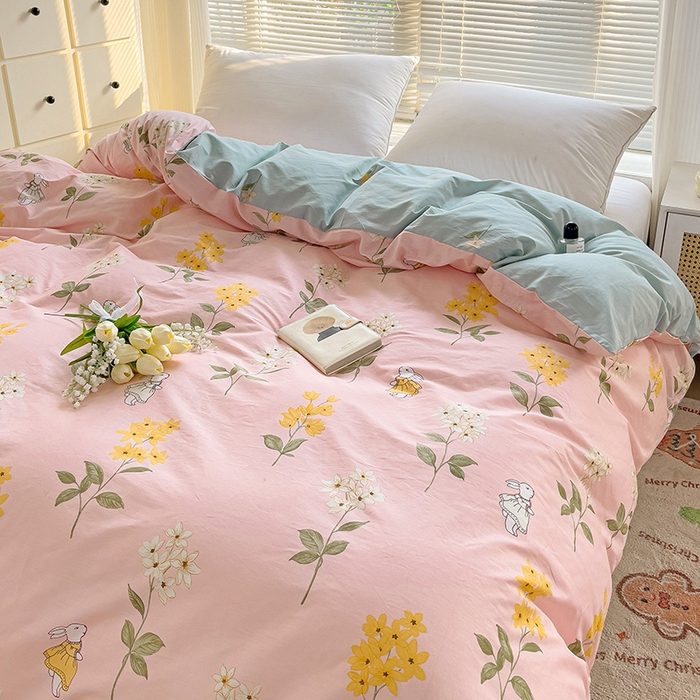 91家纺网 家纺一手货源 找家纺 大柏树 2025新款全棉13376印花四件套系列（可定制）-单被套 小花兔-粉