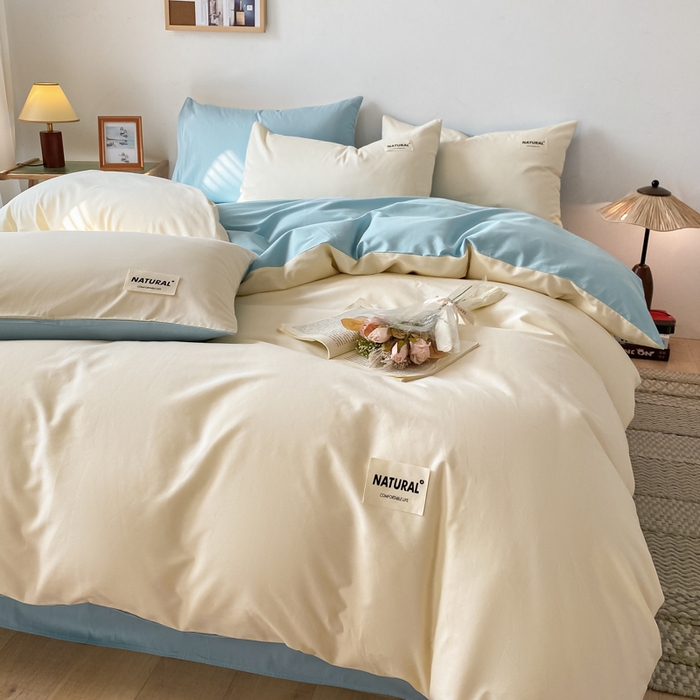 91家纺网 家纺一手货源 找家纺 芊寻家居 2024新款13372全棉纯色四件套无印良品风简约套件 奶白-浅蓝