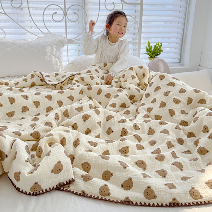 91家纺网 家纺一手货源 找家纺 芯恋 2025新款母婴级全棉皱皱纱儿童被双层纱夏被 可爱熊