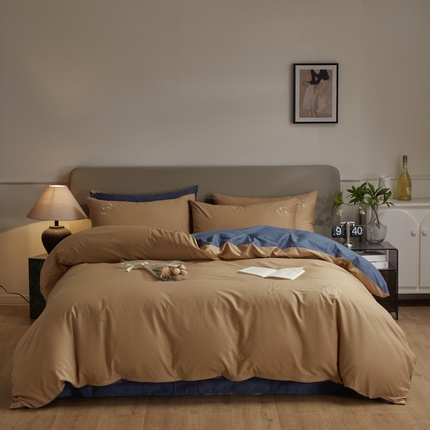 梵克保罗 2024新款全棉轻奢纯色双拼刺绣四件套 深咖兰