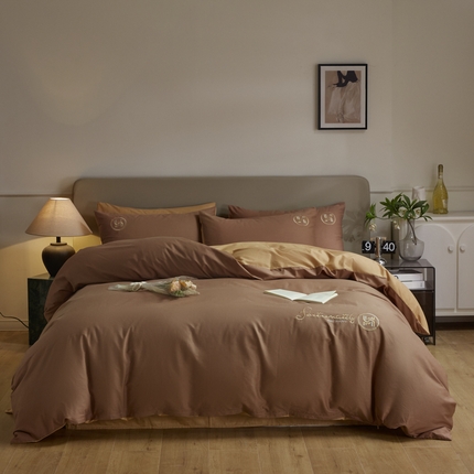 梵克保罗 2024新款全棉轻奢纯色双拼刺绣四件套 咖色驼