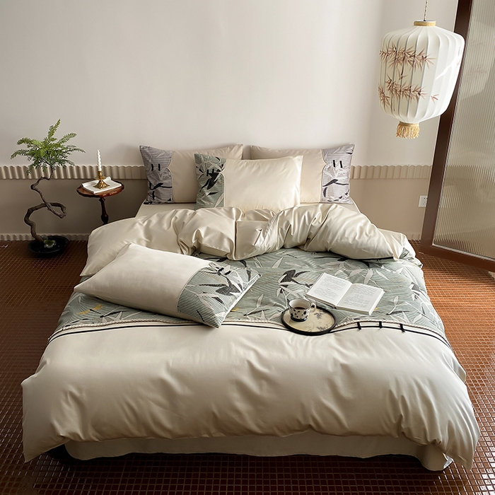 91家纺网 家纺一手货源 找家纺 赫帛 2024新款50s缎纹数码印花长绒棉四件套--竹韵系列 竹韵-绿色