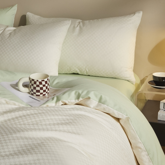 91家纺网 家纺一手货源 找家纺 涵宸家纺 2024新款全棉提花四件套-菲比 菲比-白绿