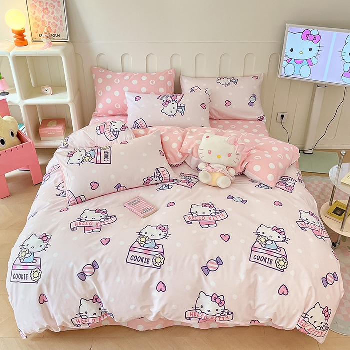 91家纺网 家纺一手货源 找家纺 博雅 2024新款全棉三丽鸥AB版活性印花四件套 游玩kt