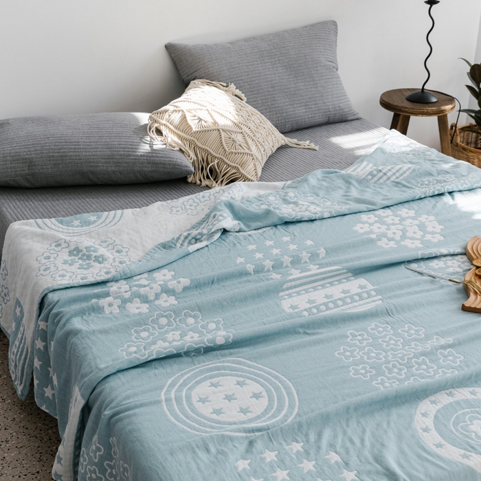 91家纺网 家纺一手货源 找家纺 朴尔家纺-毛巾被 2024新款加厚三层水洗棉全棉纱布毛巾被 星星点点-兰