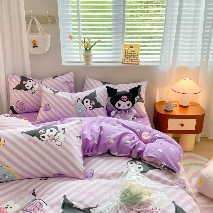 91家纺网 家纺一手货源 找家纺 博雅 2024新款全棉三丽鸥AB版活性印花四件套 条纹库洛米