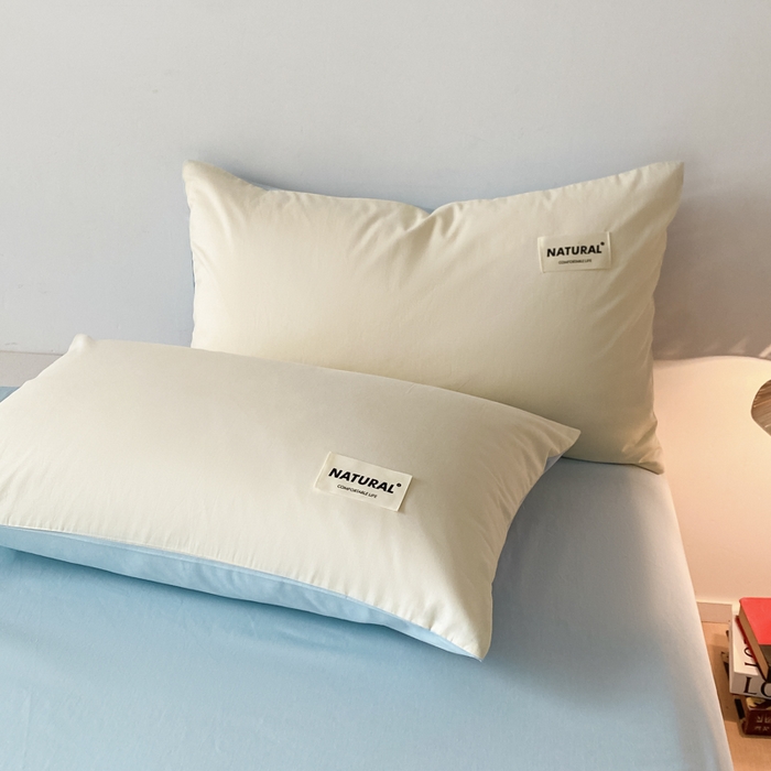 91家纺网 家纺一手货源 找家纺 芊寻家居 2024新款13372全棉纯色四件套无印良品风简约套件 奶白-浅蓝