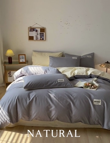 91家纺网 家纺一手货源 找家纺 芊寻家居 2024新款13372全棉纯色四件套无印良品风简约套件 中灰-米黄