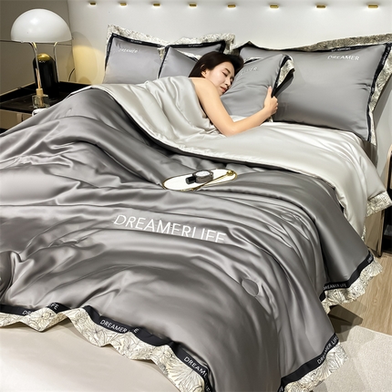 眷恋家纺 2024新款水洗真丝冰丝宽边刺绣夏被三件套四件套-克里斯汀系列 克里斯汀-中灰+山灰