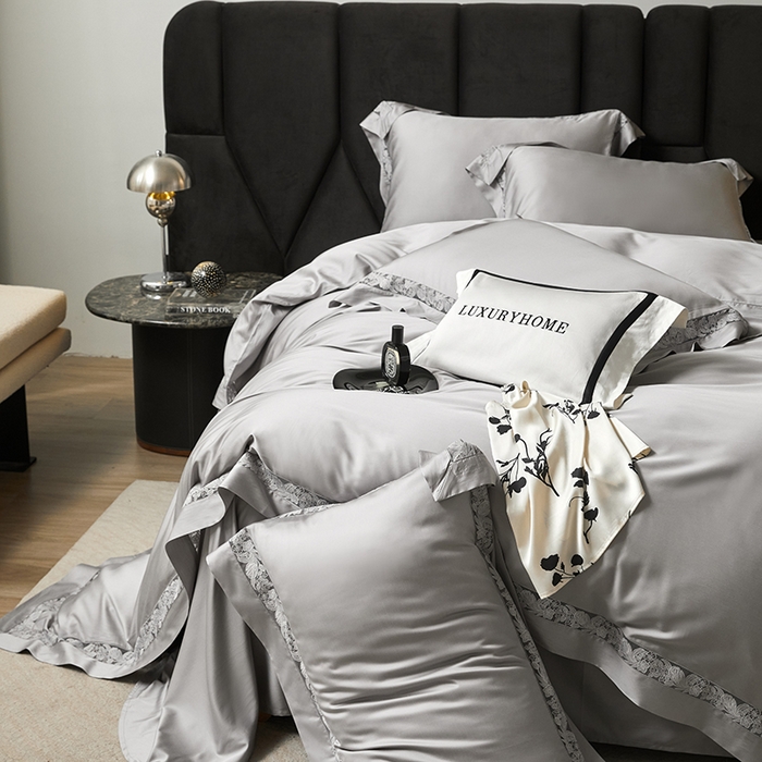 91家纺网 家纺一手货源 找家纺 榻尚家居 2024新款天丝棉法式镂空工艺款四件套--云绡（会员减20） 优雅灰