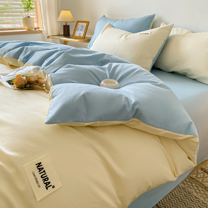 91家纺网 家纺一手货源 找家纺 芊寻家居 2024新款13372全棉纯色四件套无印良品风简约套件 奶白-海青