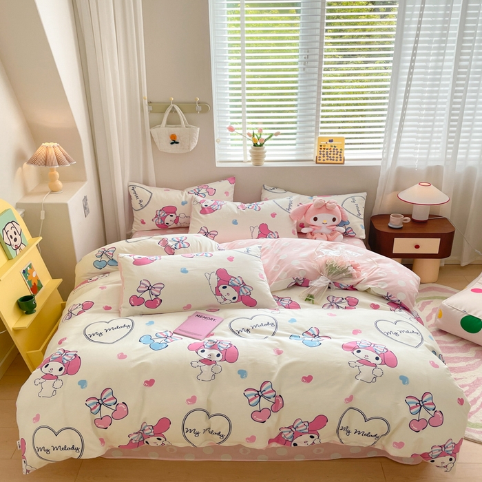 91家纺网 家纺一手货源 找家纺 博雅 2024新款全棉三丽鸥AB版活性印花四件套 樱桃美乐蒂