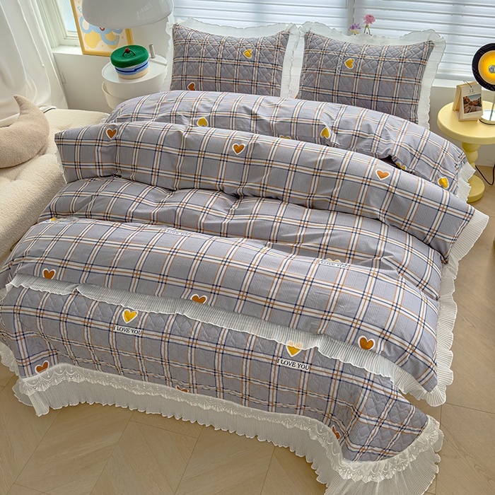 91家纺网 家纺一手货源 找家纺 冬然 2023新款全棉床盖纯棉床盖夹棉床单全棉床单纯棉床单爱心格灰
