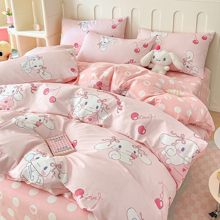 91家纺网 家纺一手货源 找家纺 博雅 2024新款全棉三丽鸥AB版活性印花四件套 粉色玉桂狗