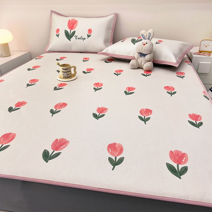 91家纺网 家纺一手货源 找家纺 全季家居 2024新款5A抗菌小清新数码印花冰藤席 郁金香（床笠款）