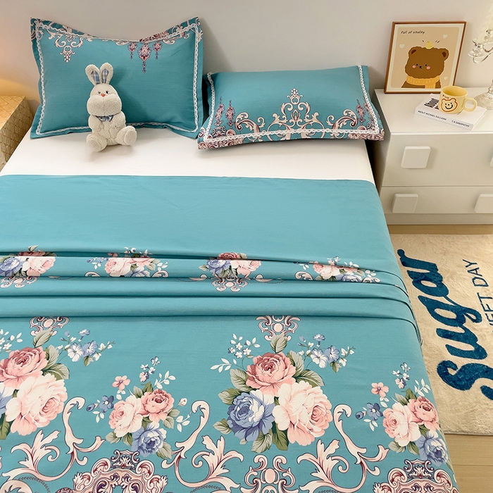 91家纺网 家纺一手货源 找家纺 梵克保罗 2024新款鱼骨棉老粗布凉席花边款床单三件套 欧式风情-蓝