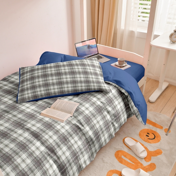 91家纺网 家纺一手货源 找家纺 啊雅家居 床上用品水洗棉印花五件套七件套 日系条格灰