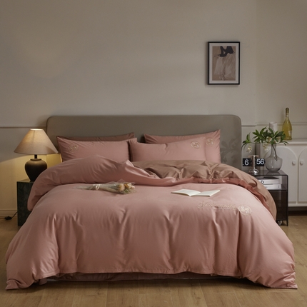 梵克保罗 2024新款全棉轻奢纯色双拼刺绣四件套 豆沙咖