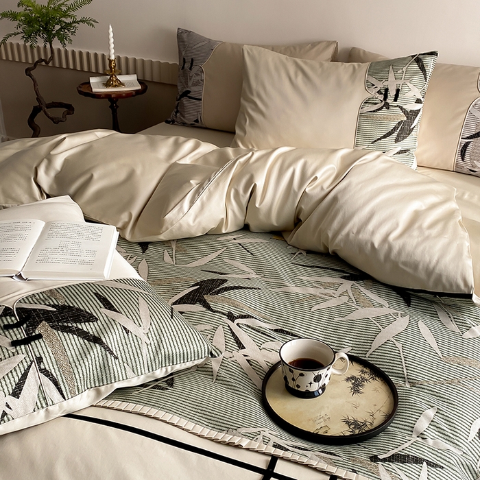 91家纺网 家纺一手货源 找家纺 赫帛 2024新款50s缎纹数码印花长绒棉四件套--竹韵系列 竹韵-绿色