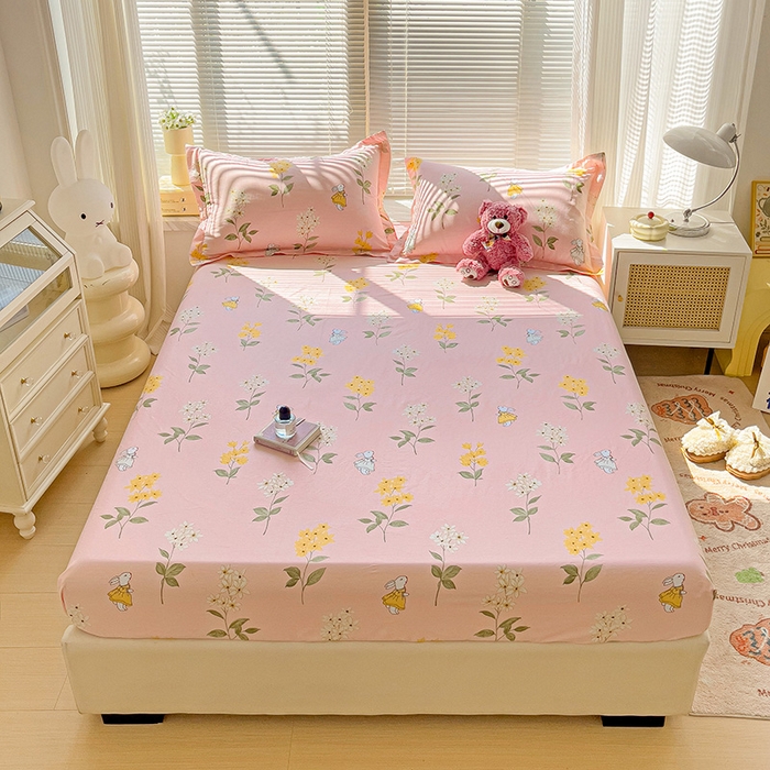 91家纺网 家纺一手货源 找家纺 大柏树 2025新款全棉13376印花四件套系列（可定制）-单床笠 小花兔-粉