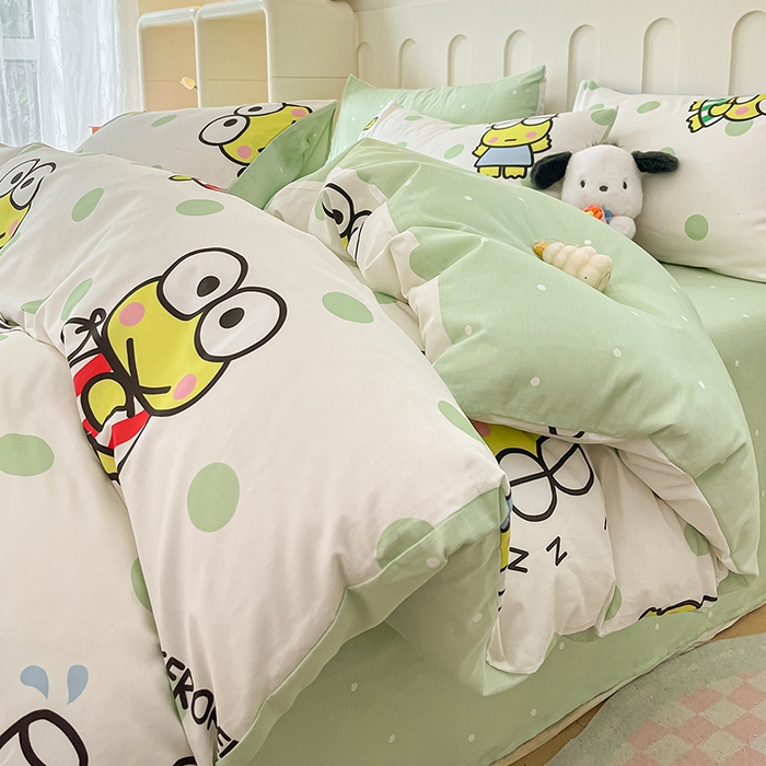 91家纺网 家纺一手货源 找家纺 博雅 2024新款全棉三丽鸥AB版活性印花四件套 波点大眼蛙