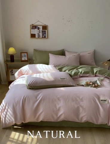 91家纺网 家纺一手货源 找家纺 芊寻家居 2024新款13372全棉纯色四件套无印良品风简约套件 奶油粉-果绿