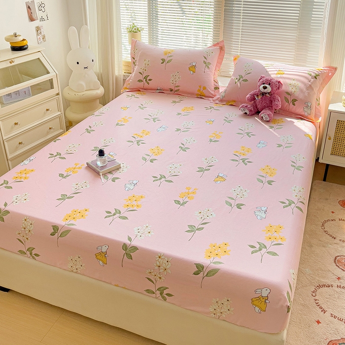 91家纺网 家纺一手货源 找家纺 大柏树 2025新款全棉13376印花四件套系列（可定制）-单床笠 小花兔-粉