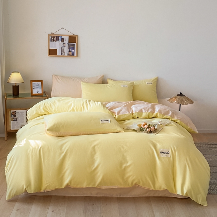 91家纺网 家纺一手货源 找家纺 芊寻家居 2024新款13372全棉纯色四件套无印良品风简约套件 初黄-奶茶