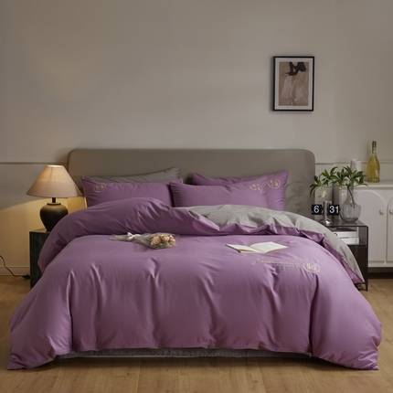 91家纺网 家纺一手货源 找家纺 梵克保罗 2024新款全棉轻奢纯色双拼刺绣四件套 迷情紫